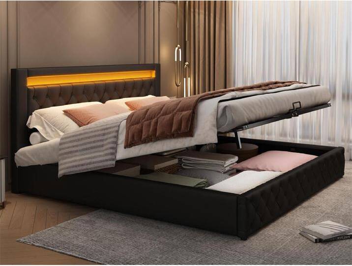 Gepolstertes Stauraumbett aus Kunstleder mit LED – 180 x 200 cm – mit Lattenrost – Schwarz von Kauf-Unique Marketplace