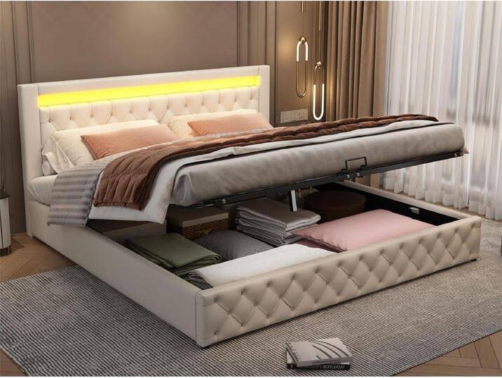 Gepolstertes Stauraumbett aus Kunstleder mit LED – 180 x 200 cm – mit Lattenrost – Weiß von Kauf-Unique Marketplace