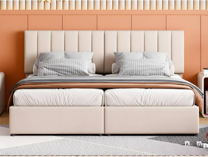 Gepolstertes Stauraumbett aus Leinenstoff – 180 x 200 cm – umwandelbar in 2 Einzelbetten – Beige von Kauf-Unique Marketplace