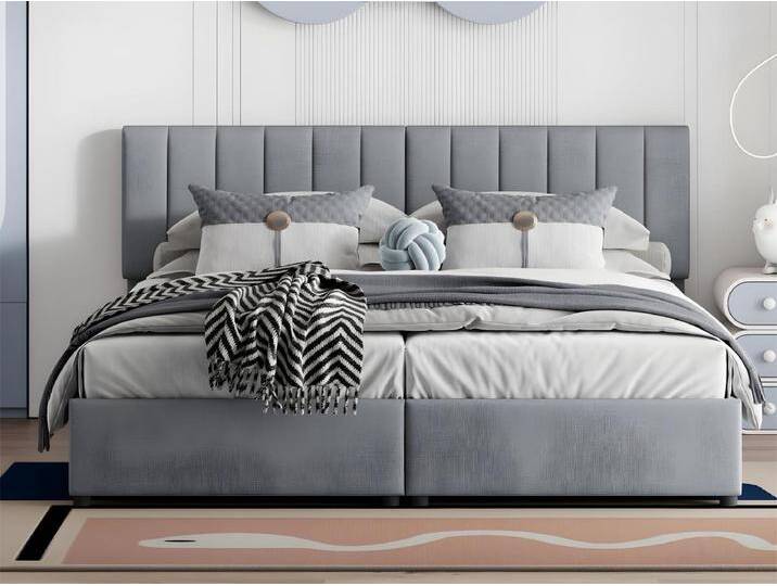 Gepolstertes Stauraumbett aus Leinenstoff – 180 x 200 cm – umwandelbar in 2 Einzelbetten – Grau von Kauf-Unique Marketplace