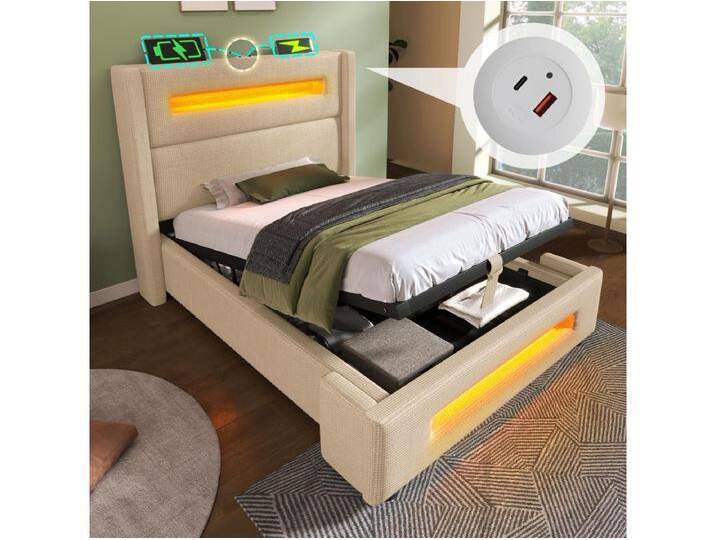Gepolstertes Stauraumbett für Gelb - 90 x 200 cm - mit LEDs + USB Type-C Aufladen - Leinen - Beige Gepolstertes Stauraumbett für Gelb - 90 x 200 cm - mit LEDs + USB Type-C Aufladen - Leinen - Beige von Kauf-Unique Marketplace