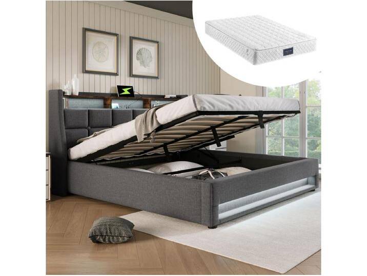 Gepolstertes Stauraumbett für Jugendliche - 140 x 200 cm - Matratze + LEDs + Kopfteil mit USB - Leinenstoff - grau von Kauf-Unique Marketplace