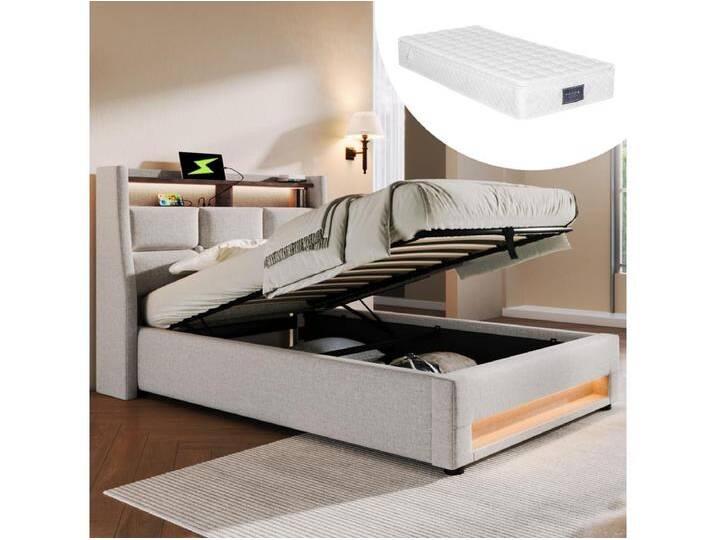 Gepolstertes Stauraumbett für Jugendliche - 90 x 200 cm - Matratze + LEDs + Kopfteil mit USB - Leinenstoff - Beige Gepolstertes Stauraumbett für Jugendliche - 90 x 200 cm - Matratze + LEDs + Kopfteil mit USB - Leinenstoff - Beige von Kauf-Unique Marketplace