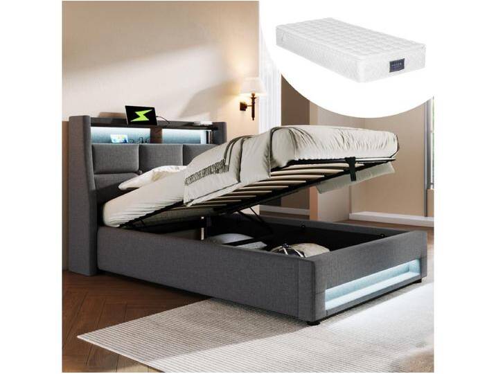 Gepolstertes Stauraumbett für Jugendliche - 90 x 200 cm - Matratze + LEDs + Kopfteil mit USB - Leinenstoff - grau Gepolstertes Stauraumbett für Jugendliche - 90 x 200 cm - Matratze + LEDs + Kopfteil mit USB - Leinenstoff - grau von Kauf-Unique Marketplace