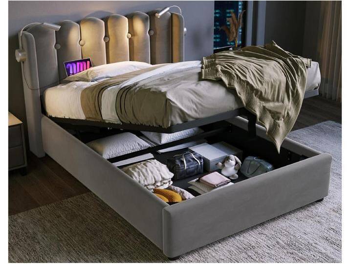 Gepolstertes Stauraumbett mit LED- und USB-Ladeanschlüssen – 90 x 200 cm – Samtstoff – mit Lattenrost – Grau Gepolstertes Stauraumbett mit LED- und USB-Ladeanschlüssen – 90 x 200 cm – Samtstoff – mit Lattenrost – Grau von Kauf-Unique Marketplace