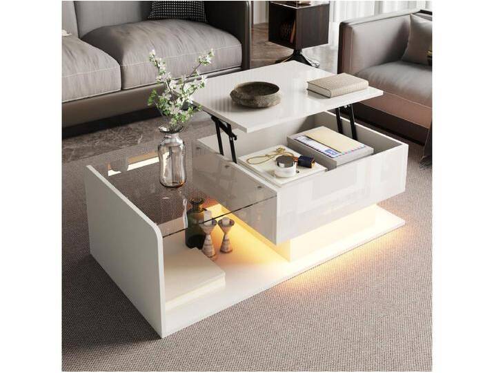 Glänzend weißer Couchtisch - Couchtisch mit LED-Beleuchtung und Glasplatte - verstellbare platte von Kauf-Unique Marketplace