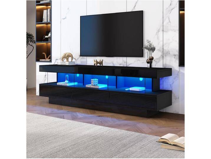 Glänzender TV-Schrank – 160 x 38 x 50,5 cm – 3 Glasböden – LEDs – Spanplatte – Schwarz von Kauf-Unique Marketplace