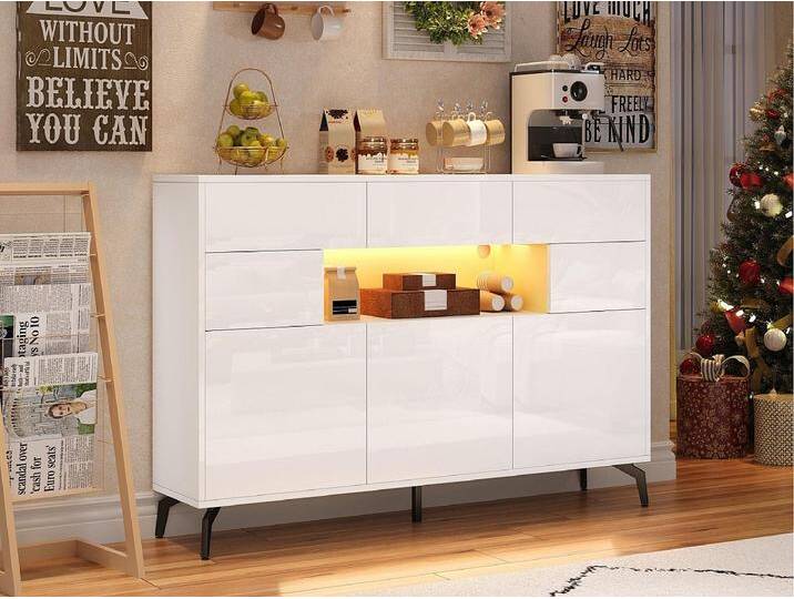 Glänzendes Sideboard 140x30x94 cm - 3 Schubladen und 5 Türen - mit LED-Beleuchtung - mit 5 Metallfüßen - MDF - Weiß Glänzendes Sideboard 140x30x94 cm - 3 Schubladen und 5 Türen - mit LED-Beleuchtung - mit 5 Metallfüßen - MDF - Weiß von Kauf-Unique Marketplace