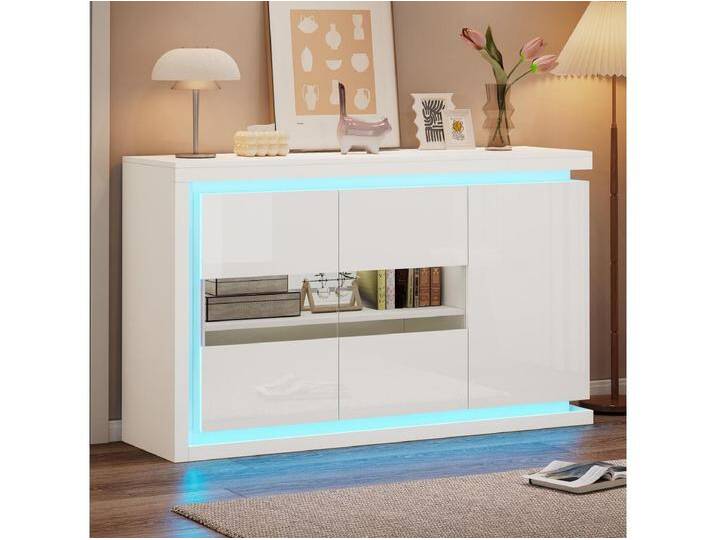 Glänzendes Wohnzimmer Sideboard - 140 x 40 x 84 cm - mit 3 Türen + LEDs - Spanplatte + Glas - Weiß Glänzendes Wohnzimmer Sideboard - 140 x 40 x 84 cm - mit 3 Türen + LEDs - Spanplatte + Glas - Weiß von Kauf-Unique Marketplace