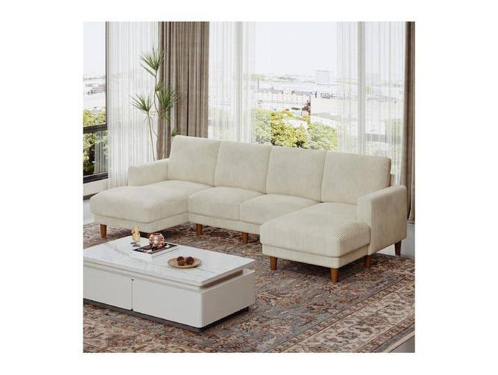 Große Panorama-Eckcouch - 4-Sitzer - Liegefläche 109cm - aus Cord - 269x140x86 - Beige von Kauf-Unique Marketplace
