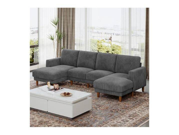 Große Panorama-Eckcouch - 4-Sitzer - Liegefläche 109cm - aus Cord - 269x140x86 - Grau von Kauf-Unique Marketplace