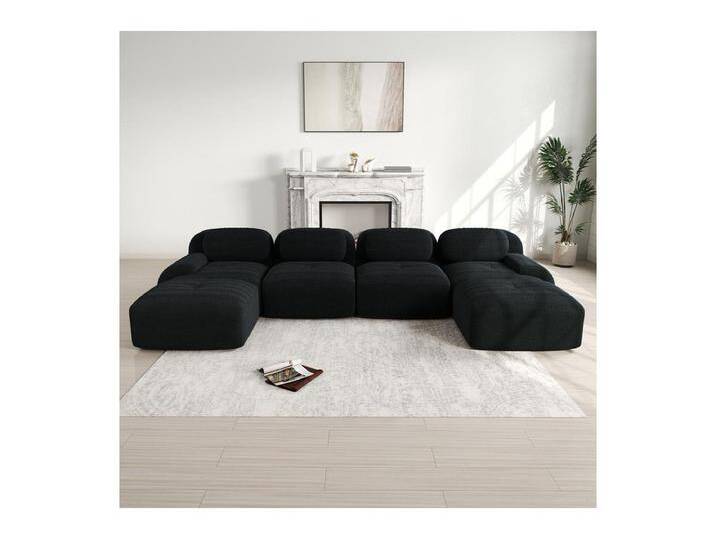 Große modulare Ecksofa 388cm - aus Rippensamt - mit 4 Kissen und 2 Hocker - ergonomisch - Schwarz von Kauf-Unique Marketplace