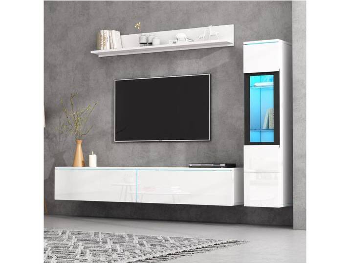 Hänge-TV-Einheit + Wohnzimmer-Vitrine – LEDs – Spanplatte – glänzend weiß von Kauf-Unique Marketplace