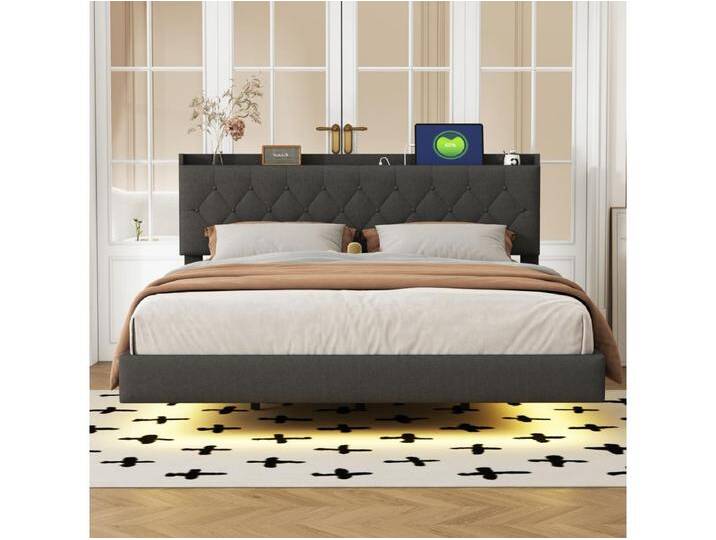 Hängendes LED-Doppelbett 160 x 200 cm, aus Leinenstoff, mit Lattenrost und Kopfteil mit USB-Ladeanschluss, grau von Kauf-Unique Marketplace