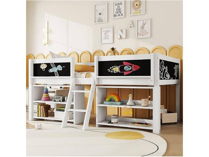 Halbhohes Bett 90x200 cm, mehrere integrierte Regale, Absturzsicherung, Leiter, Kiefer, ohne Matratze, minimalistischer Stil, weiß Halbhohes Bett 90x200 cm, mehrere integrierte Regale, Absturzsicherung, Leiter, Kiefer, ohne Matratze, minimalistischer Stil, weiß von Kauf-Unique Marketplace