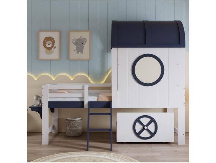 Halbhohes Kinderbett 90 x 200 cm, mit Baldachin und Fenster, Schubladen, schräge Leiter, weiß + dunkelblau Halbhohes Kinderbett 90 x 200 cm, mit Baldachin und Fenster, Schubladen, schräge Leiter, weiß + dunkelblau von Kauf-Unique Marketplace