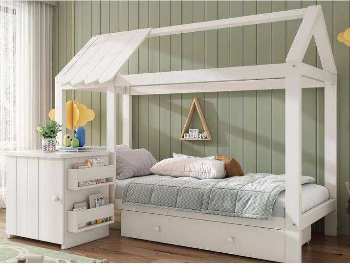Hausbett 90x200 cm - mit 1 Schublade und abnehmbarem Nachttisch - in Hausform - aus Massivholz - Weiß von Kauf-Unique Marketplace