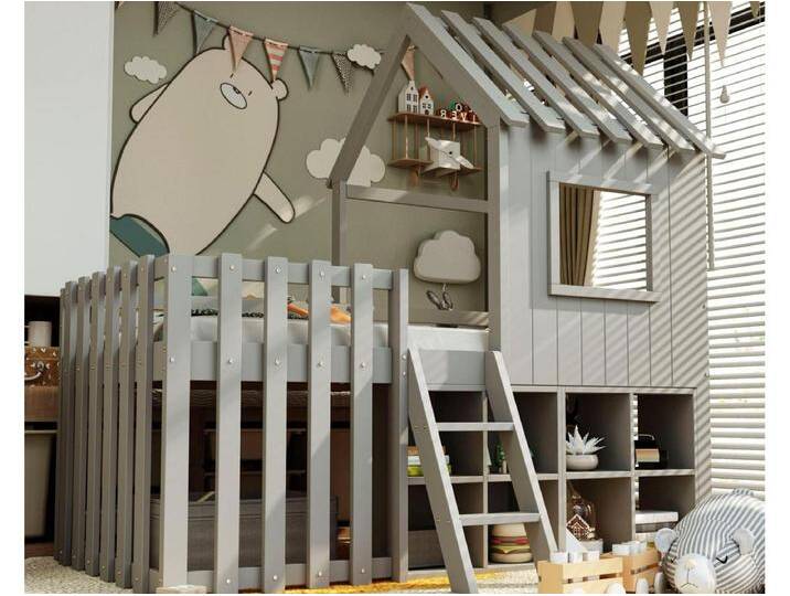 Hausbett Kinderbett 90x200 cm - mit Dach + Fenster - mit 2-stufiger Leiter und Regalen - grau von Kauf-Unique Marketplace
