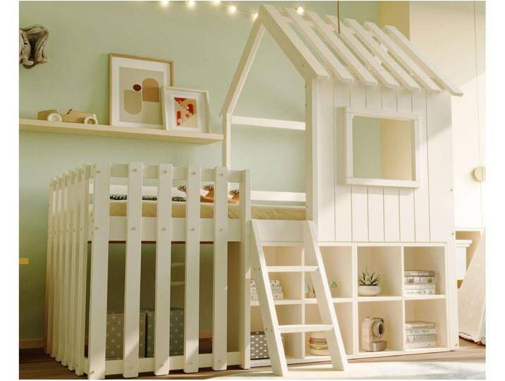 Hausbett Kinderbett 90x200 cm - mit Dach + Fenster - mit 2-stufiger Leiter und Regalen - weiß von Kauf-Unique Marketplace