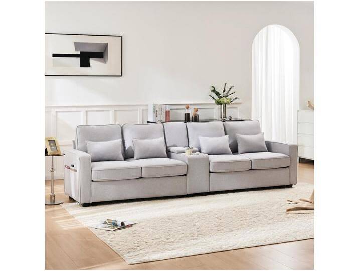 Hellgraues 4-Sitzer-Sofa aus Leinen mit USB-Anschlüssen, Konsolentisch und Getränkehaltern – Mit Kissen, für Wohnzimmer oder Büro von Kauf-Unique Marketplace
