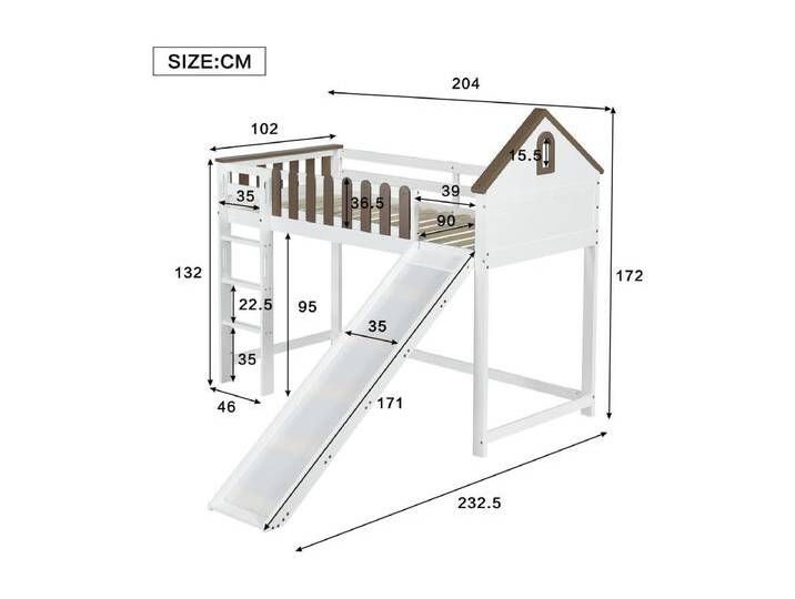 Hochbett, mit Dach und Fenster, mit dreistufiger Anlegeleiter, Jugendbett, Kinderbett mit Rutsche, Kiefer+MDF, Weiß+Nussbaum, 90x200cm von Kauf-Unique Marketplace