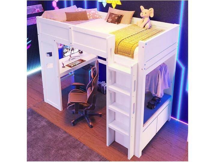 Hochbett,Gaming Bett mit Schreibtisch,Mit LED-Leuchten,1 USB-Anschlüssen, 1 Typ-C ausgestattet, Leiter, Schreibtisch, Schublade, Wäscheständer Hochbett,Gaming Bett mit Schreibtisch,Mit LED-Leuchten,1 USB-Anschlüssen, 1 Typ-C ausgestattet, Leiter, Schreibtisch, Schublade, Wäscheständer von Kauf-Unique Marketplace