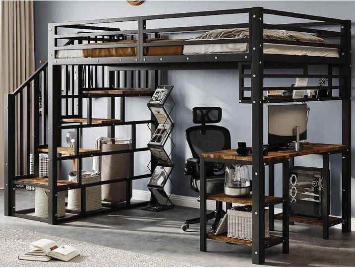 Hochbett 120x200 cm - mit Schreibtisch und Ablageregal - Treppe mit Geländer - Metall + Spanplatten - Schwarz Hochbett 120x200 cm - mit Schreibtisch und Ablageregal - Treppe mit Geländer - Metall + Spanplatten - Schwarz von Kauf-Unique Marketplace