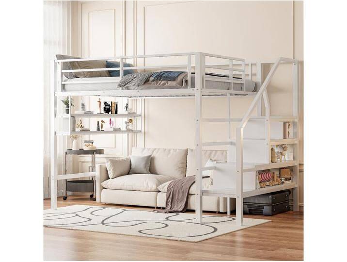 Hochbett 140 x 200 cm mit Ablageflächen und Leiter - Metall - Weiß (ohne Matratze) von Kauf-Unique Marketplace