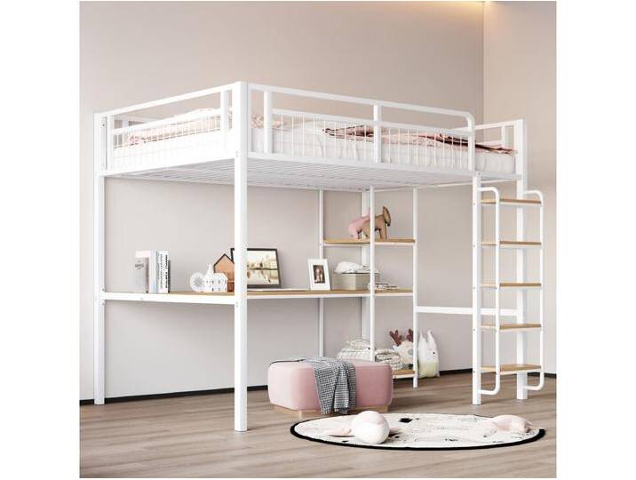 Hochbett 140 x 200 cm mit Schreibtisch und Ablageflächen - Metall und MDF - für Kinder - Weiß von Kauf-Unique Marketplace