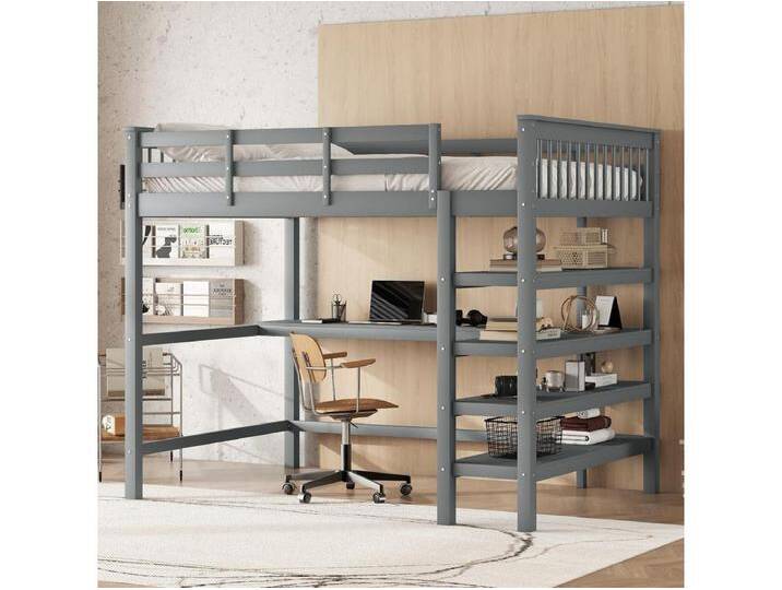 Hochbett 140 x 200 cm mit Schreibtisch und Ablagen – Kiefernholz + MDF – Grau von Kauf-Unique Marketplace