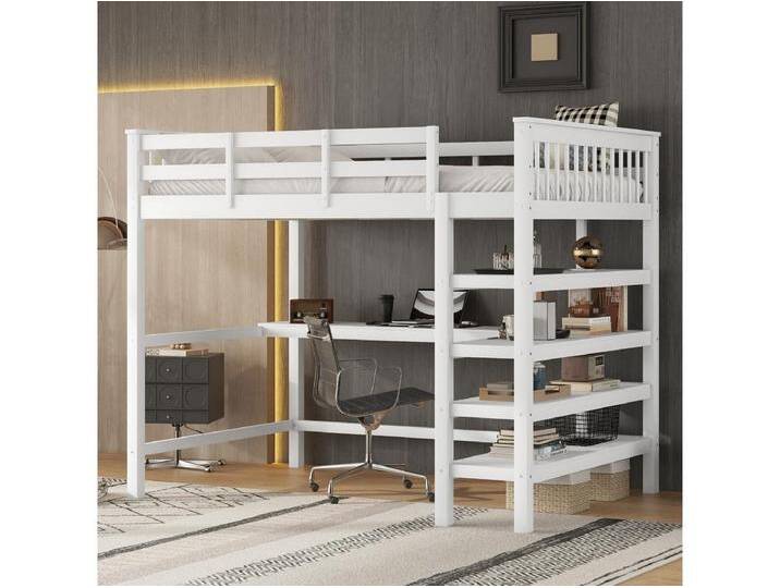 Hochbett 140 x 200 cm mit Schreibtisch und Ablagen – Kiefernholz + MDF – Weiß von Kauf-Unique Marketplace
