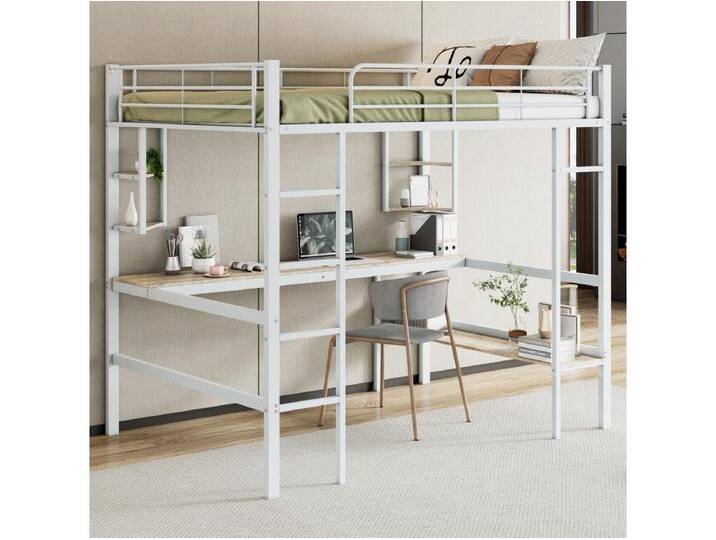 Hochbett 140 x 200 cm mit Schreibtisch und Regalen – Metall – Lattenrost – Weiß (ohne Matratze) von Kauf-Unique Marketplace