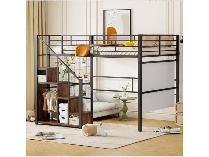 Hochbett 140 x 200 cm mit Stauraum und Sicherheitstreppe – Metall und Holz – Schwarz von Kauf-Unique Marketplace