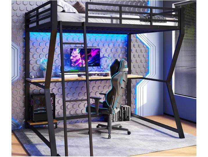 Hochbett 140×200 cm - mit LED-Beleuchtung - mit Schreibtisch - Steckdose + USB - mit Treppe - schwarz von Kauf-Unique Marketplace