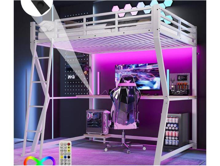 Hochbett 140×200 cm - mit LED-Beleuchtung - mit Schreibtisch - Steckdose + USB - mit Treppe - weiß Hochbett 140×200 cm - mit LED-Beleuchtung - mit Schreibtisch - Steckdose + USB - mit Treppe - weiß von Kauf-Unique Marketplace