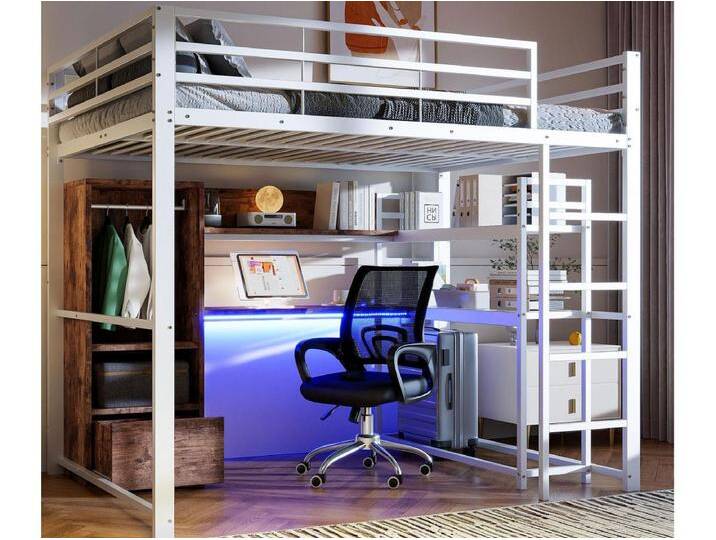 Hochbett 140x200 cm - mit LED-Beleuchtung - mit Schreibtisch - mit 1 Schublade - mit Leiter - weiß von Kauf-Unique Marketplace