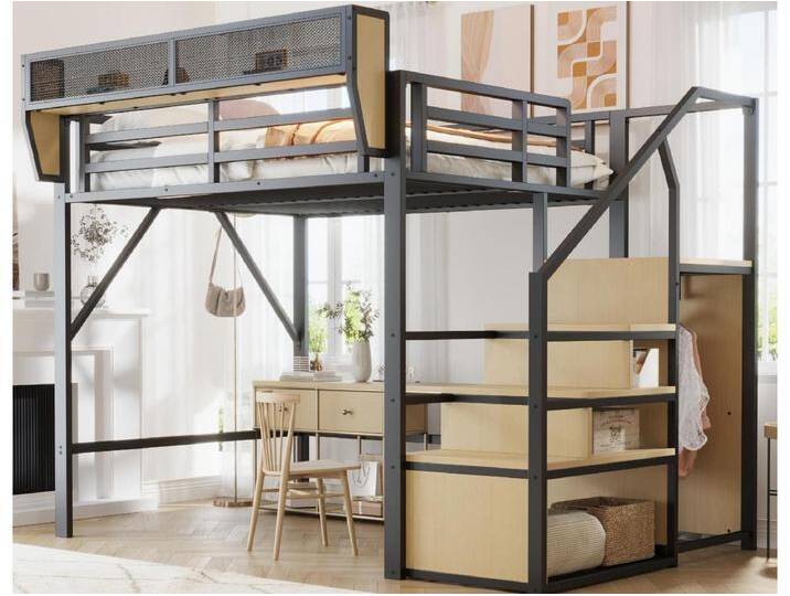 Hochbett 140×200 cm - mit Leiter - modulare Stauräume - Metall - schwarz (ohne Matratze) von Kauf-Unique Marketplace