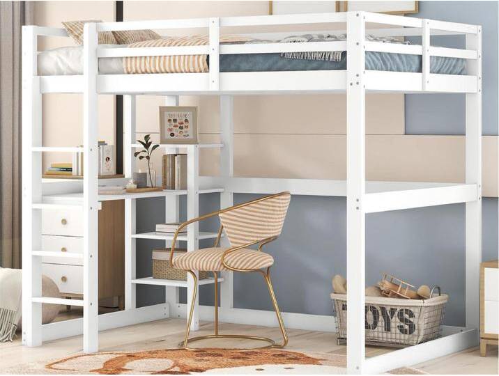 Hochbett 140x200cm aus Massivholz – mit Schreibtisch und Regalen – Weiß von Kauf-Unique Marketplace