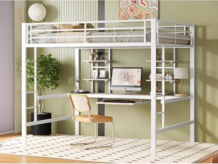 Hochbett 140x200cm – mit Schreibtisch und Regalen – Metallrahmen – Weiß von Kauf-Unique Marketplace