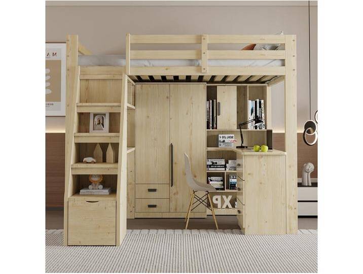 Hochbett 90*200 cm, mit Arbeitsplatte, Kletterleiter für Stauraum, ursprüngliche Holzfarbe. von Kauf-Unique Marketplace