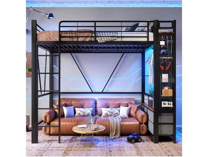 Hochbett 90 x 200 cm, Eisenkonstruktion, mit Kleiderstange, Regalen, Schubladen, USB- + Typ-C-Anschlüssen, LED-Streifen, schwarz Hochbett 90 x 200 cm, Eisenkonstruktion, mit Kleiderstange, Regalen, Schubladen, USB- + Typ-C-Anschlüssen, LED-Streifen, schwarz von Kauf-Unique Marketplace