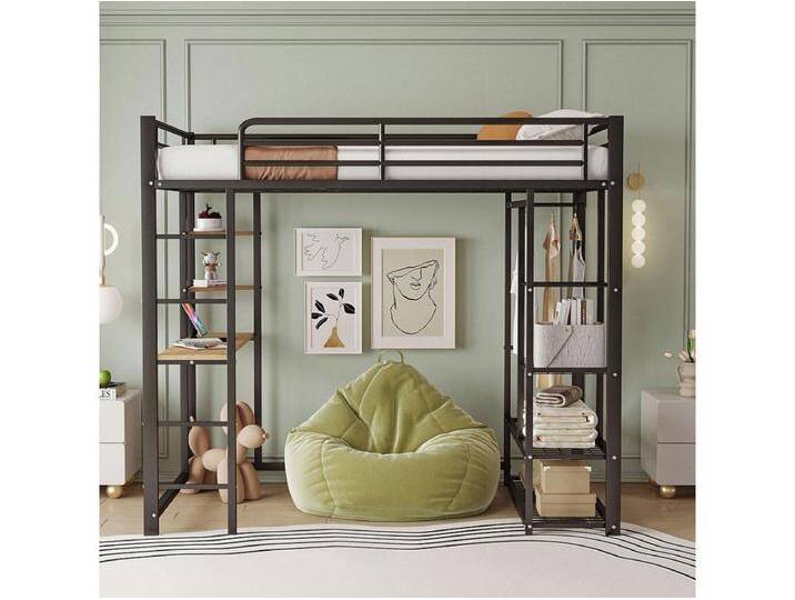 Hochbett 90 x 200 cm, mit Tisch, Leiter, hängender Konstruktion, Staufächern, schwarz von Kauf-Unique Marketplace