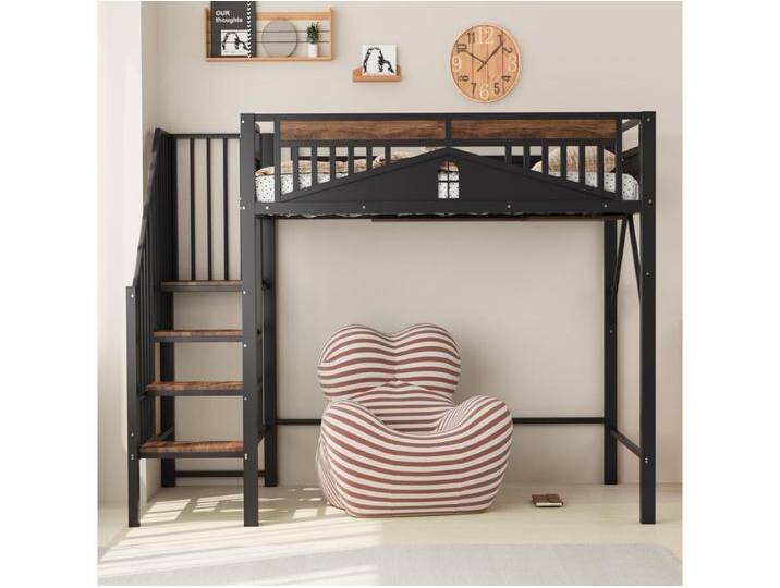 Hochbett 90 x 200 cm, schwarz, Jugendbett mit Treppe und Rausfallschutz, Metallrahmen Hochbett 90 x 200 cm, schwarz, Jugendbett mit Treppe und Rausfallschutz, Metallrahmen von Kauf-Unique Marketplace