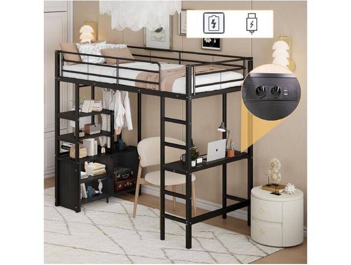 Hochbett 90 x 200 cm – Erwachsenenbett mit USB-Anschlüssen – schwarz – mit Schreibtisch – ohne Matratze von Kauf-Unique Marketplace