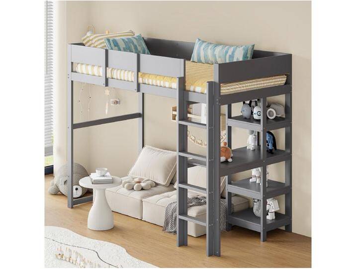 Hochbett 90 x 200 cm – Kiefer – Kinderbett mit Stauraum und Lattenrost – grau – ohne Matratze von Kauf-Unique Marketplace