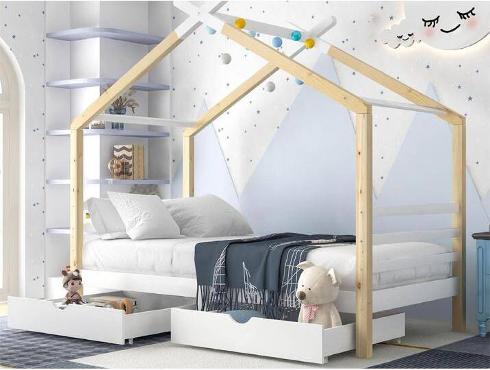 Hochbett 90 x 200 cm aus Massivholz mit 2 Schubladen – Natur und Weiß von Kauf-Unique Marketplace