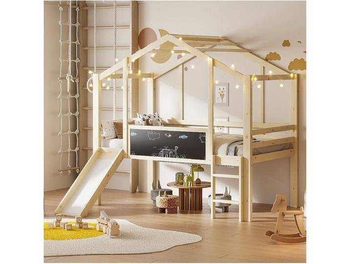 Hochbett 90 x 200 cm mit Leiter und Rutsche, Doodle Board – natur (ohne Matratze) von Kauf-Unique Marketplace