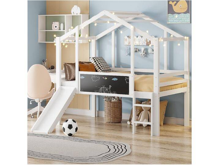 Hochbett 90 x 200 cm mit Leiter und Rutsche, Doodle Board – weiß (ohne Matratze) von Kauf-Unique Marketplace