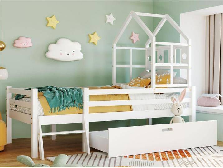 Hochbett 90 x 200 cm mit Leiter und Schubladen – Massivholz – Weiß von Kauf-Unique Marketplace