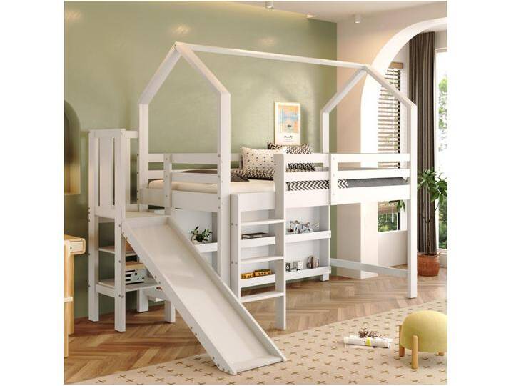 Hochbett 90 x 200 cm mit Rutsche & Treppe & Schrank & Regal - Massivholz + MDF - weiß (ohne Matratze) von Kauf-Unique Marketplace